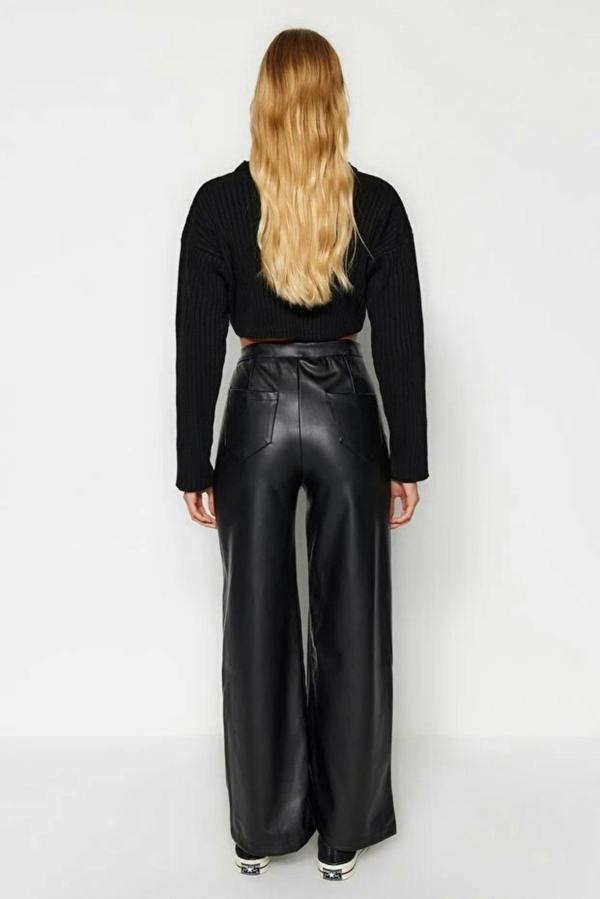 Hoxton Gal Faux Leather Wide Leg Knit Trousers with Pocket Detail