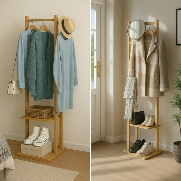 BMBO Narrow Wooden Clothes Rail With 2 Shelves