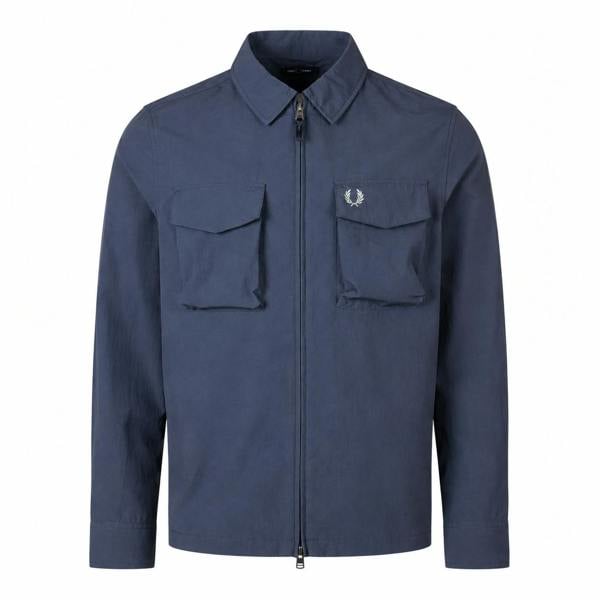 Dark airforce blue Fred Perry ripstop overshirt with a full zip front, collar, and two buttoned chest pockets.