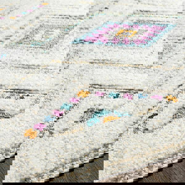 Livabliss Lofty-Shaggy Ivory Orange Blue Vintage Boho Plush Soft Pile Fringe Rug