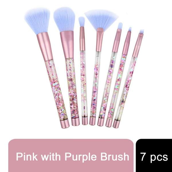 Aquarius Makeup Brush Set 7 Piece Pink Purple Liquid Glitter Handle Beauty Kit