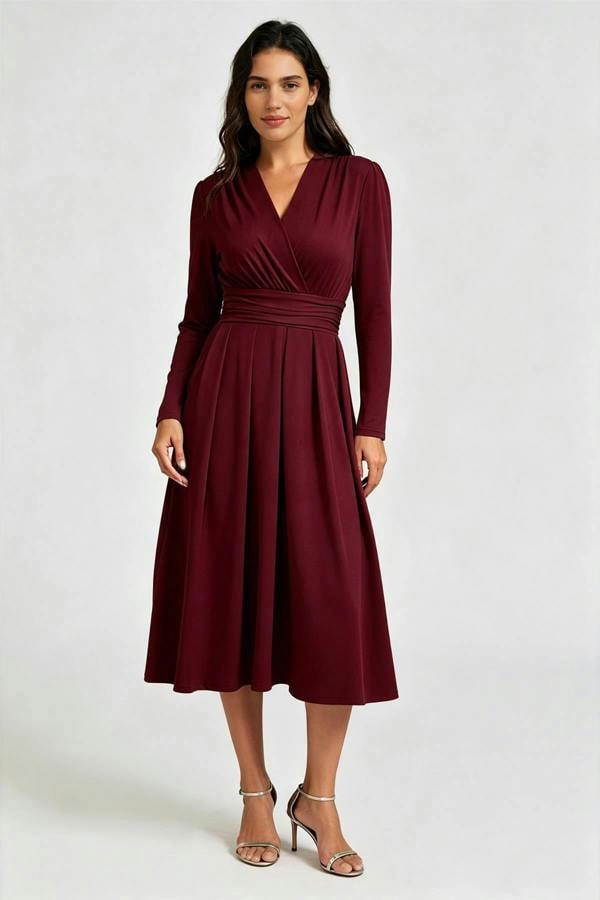 FS Collection Jersey Long Sleeve Midi Dress In Burgundy