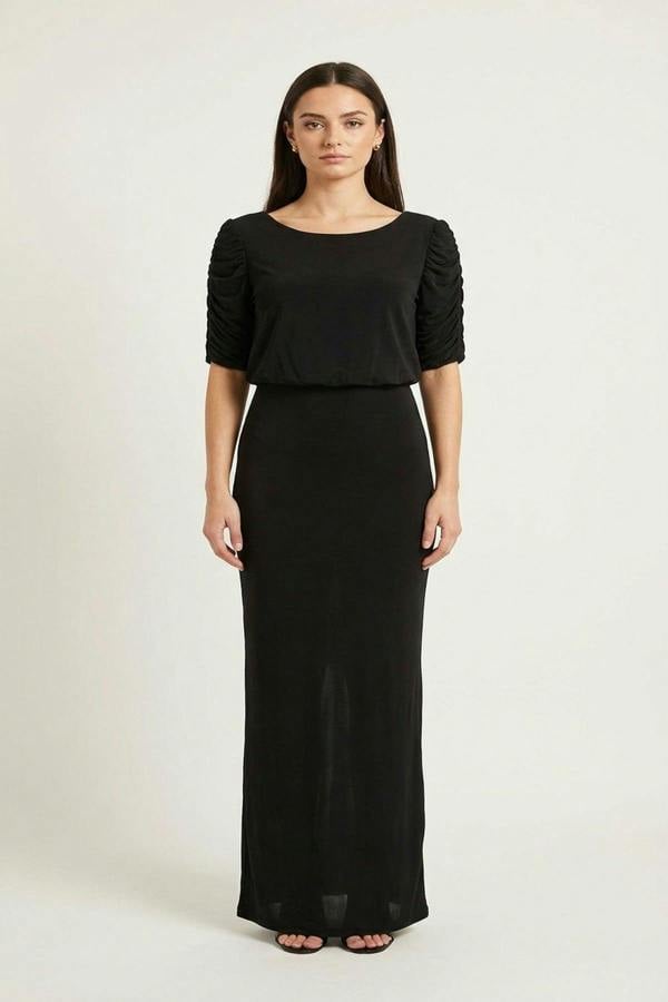 Elvira Ruched Short Sleeve Maxi Dress With Draped Bodice - Black