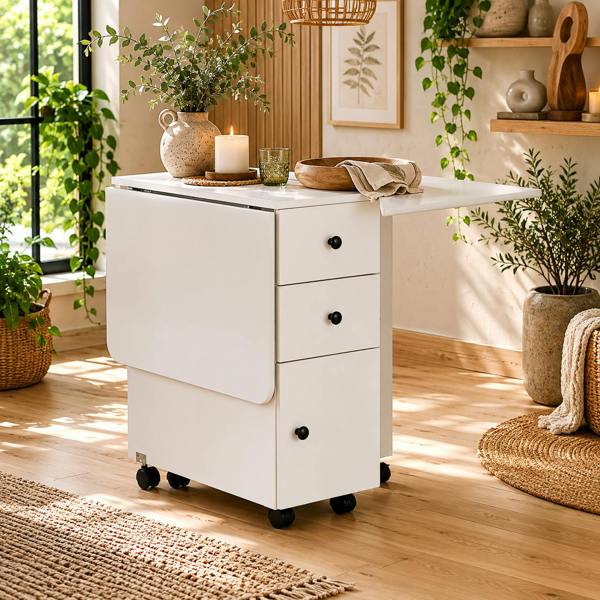 Wyld Haus Zibsa Wooden White Drop Leaf Dining Table With Storage For 6