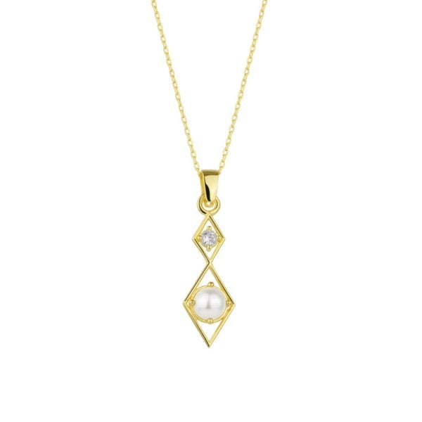 A sterling silver necklace with a gold-tone rhombus pendant containing a pearl, suspended on a gold-tone chain.