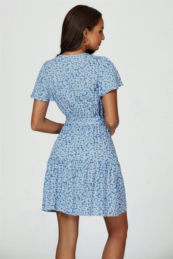 FS Collection Floral Print Hem Tiered Wrap Mini Dress In Blue