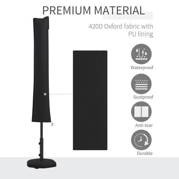 Black umbrella cover panel standing upright, with zippered front edge