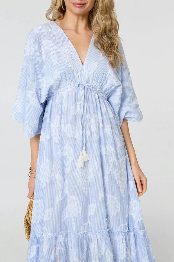 Blue | Floral Textured 3/4 Sleeve Maxi Dress