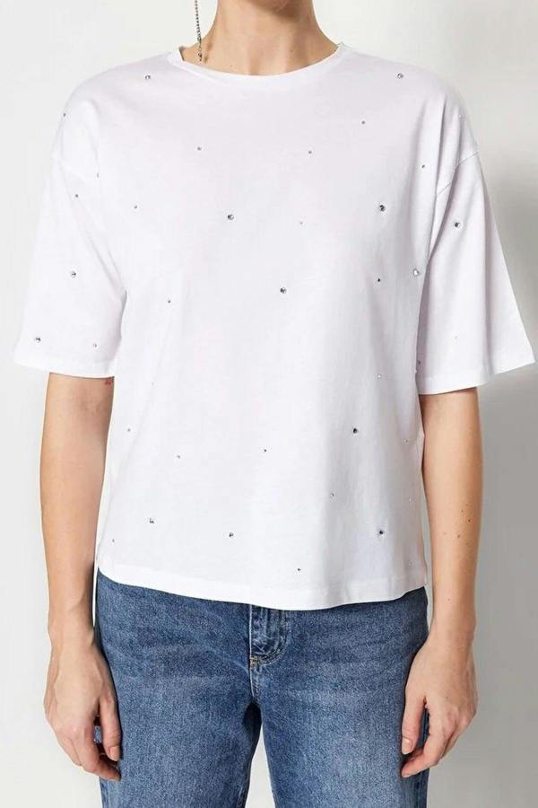 WOVCOR 100% Cotton Stone Detail Crew Neck Knitted T-Shirt