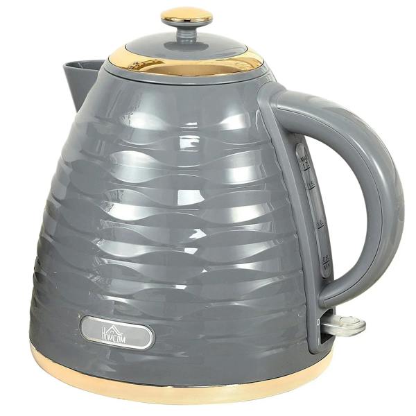 Grey electric kettle with honeycomb body, 3kW rapid boil, gold lid and handle