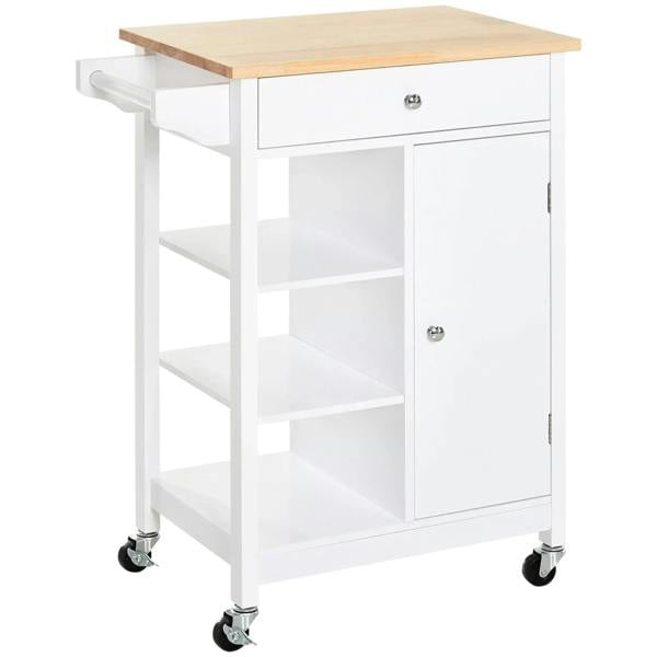 White kitchen trolley with light wood top, open shelves, cupboard storage, and caster wheels
