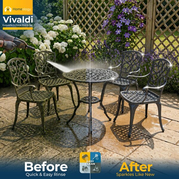 Homeology VIVALDI Black 5-Piece Cast Aluminium Garden Bistro Set - with Black Cushions