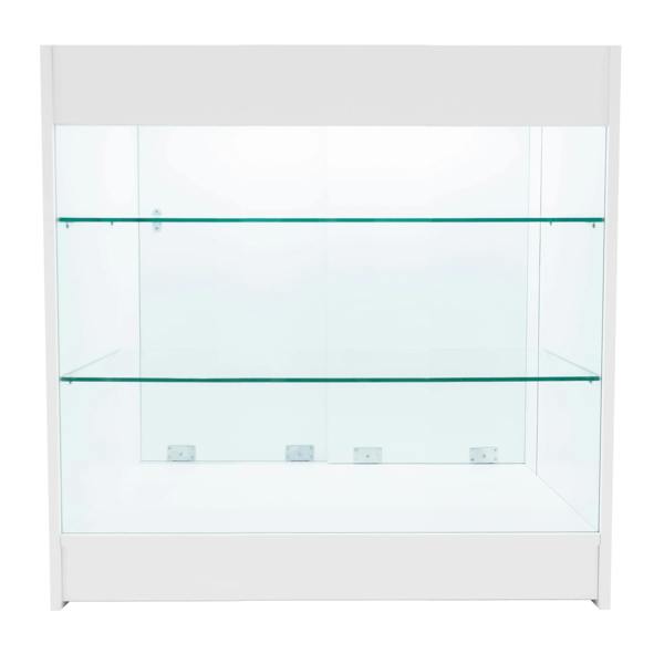 White Helios LED shop counter set with two glass shelves, featuring a sleek design and modern finish, ideal for retail displays