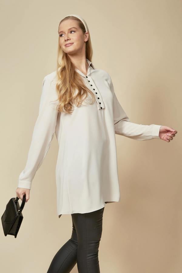 Hoxton Gal Tunic Shirt with Button Details in Beige