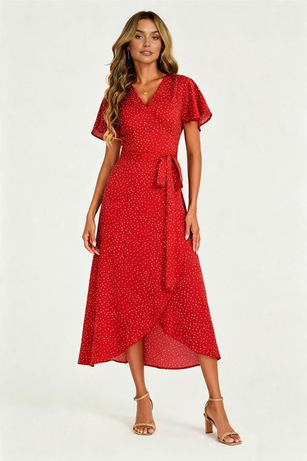 FS Collection Polka Dot Print Wrap Dress In Red