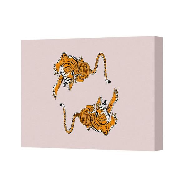 Benjamin Tate Design Canvas Wall Art Tigers Jumping In Pink Background Print