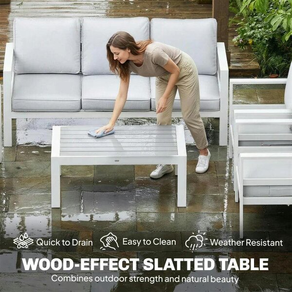 5 Pieces Aluminium Garden Furniture Set with Olefin Cushions, Extra Deep Outdoor Garden Sofa Set, White