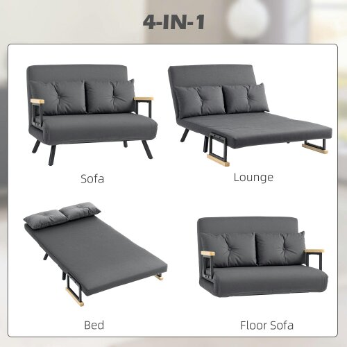 Wyld Haus Dima Velvet Dark Grey 4 In One Convertible Double Sofa Bed With Cushions and Wooden Armrests