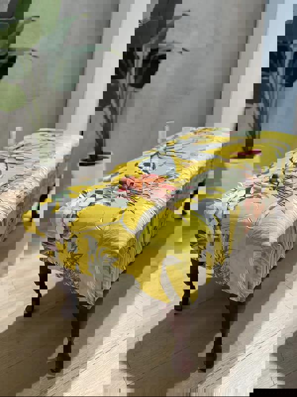 ISTOOLS Premium Zen Floral Footstool Ottoman – Yellow Bird Print Pouffe Footrest for Living Room Decor