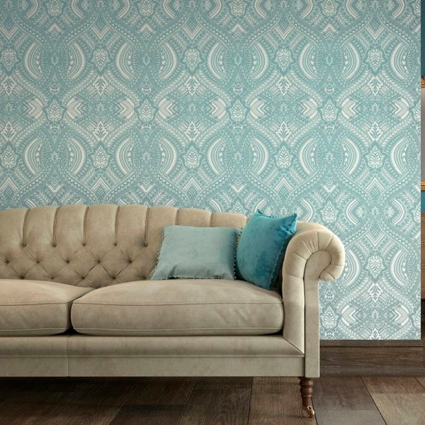Hoopla Walls Ogee Damask - Duck Egg Blue 10m Wallpaper