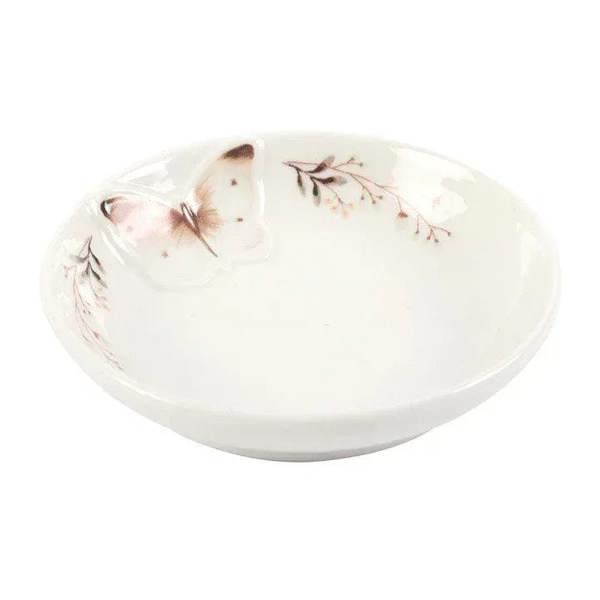 Butterfly trinket dish with painted pink butterflies and curved rim