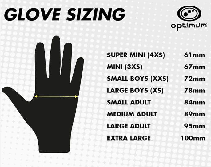 Optimum glove sizing chart with black hand graphic and palm-width measurements from super mini to XL - Optimum