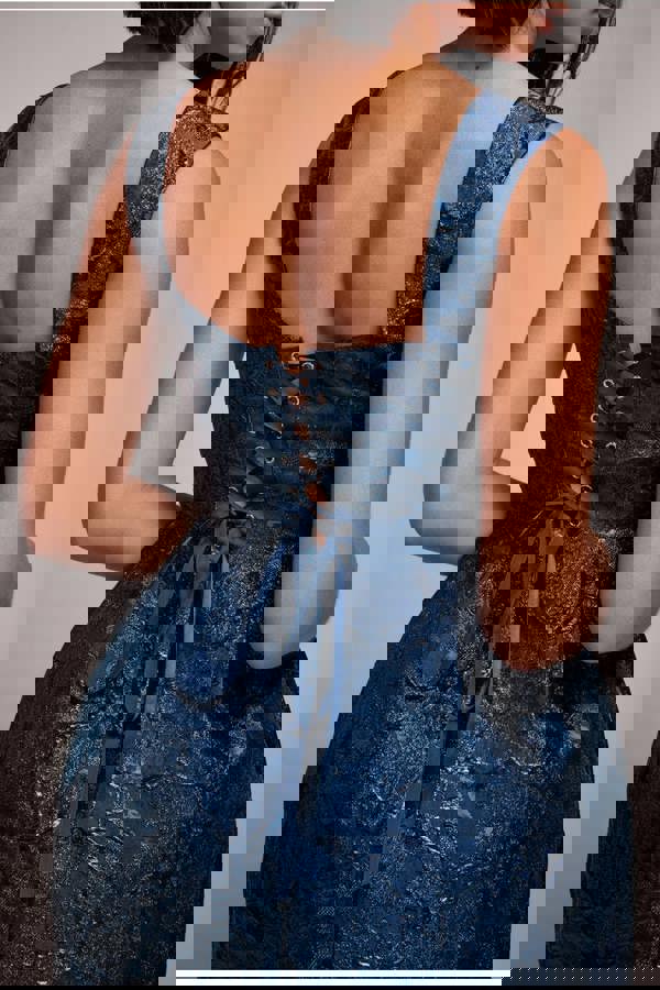 Corset Balloon Skirt Lace Up Back Mini Dress - Navy Blue DR4778