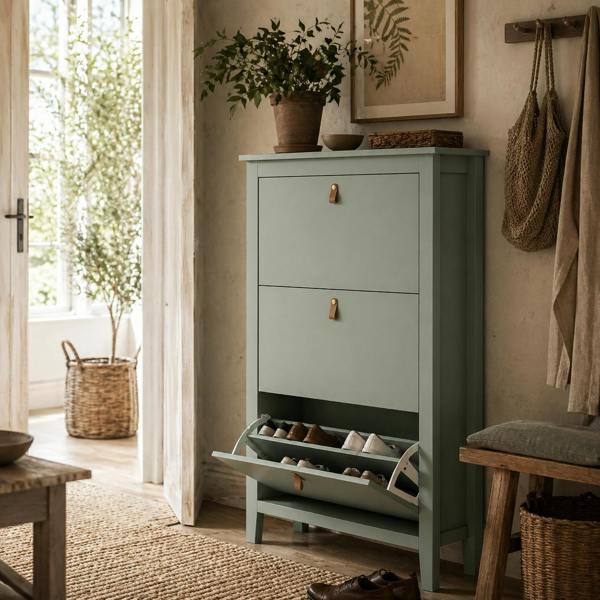 Wyld Haus Diveve Wooden Mint Green Modern 3 Drawer Shoe Cabinet Faux Leather Handles