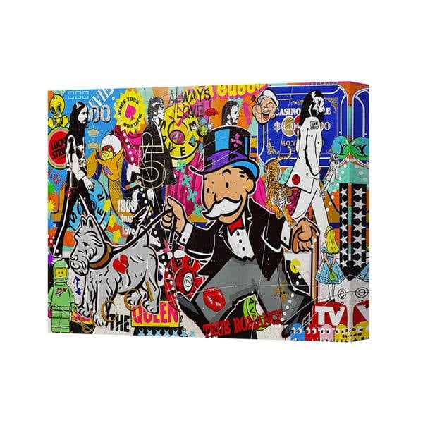 Benjamin Tate Design Colorful Pop Art Collage Canvas Print Featuring Monopoly Style Mascot
