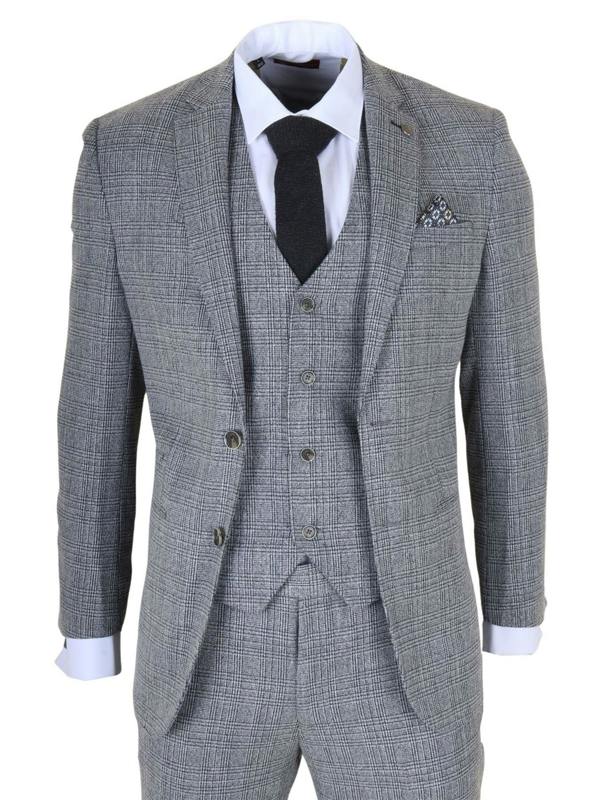 Infinity Leather Men's 3-Piece Grey Classic Check Suit Slim Fit Plaid Formal Party Suit