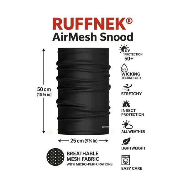 RUFFNEK® AirMesh Snood InfoGraphic– breathable mesh fabric with micro perforations, moisture-wicking, stretchy, insect protection, all weather, lghtweight and easy care multifunctional scarf with UPF 50+ protection. Ideal for sport and outdoor activities.