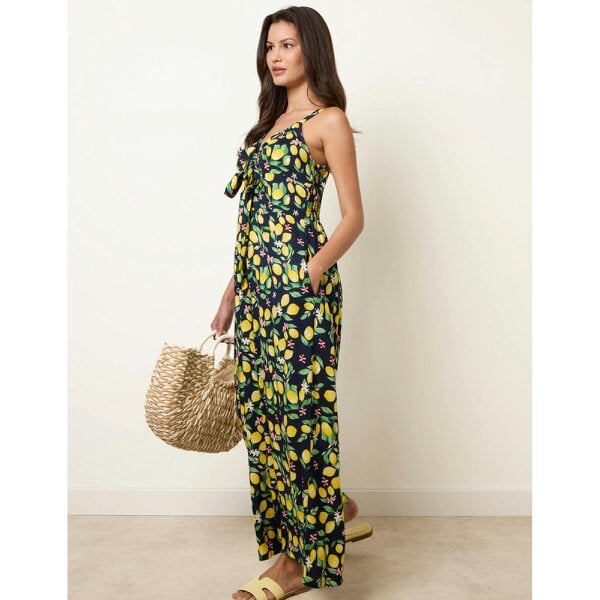 Blue Vanilla Lemon Print Front Tie Jumpsuit
