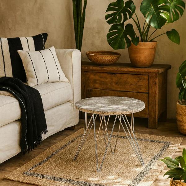 Wyld Haus Alba Round Side Table Grey Brown Marble Top Metal Legs