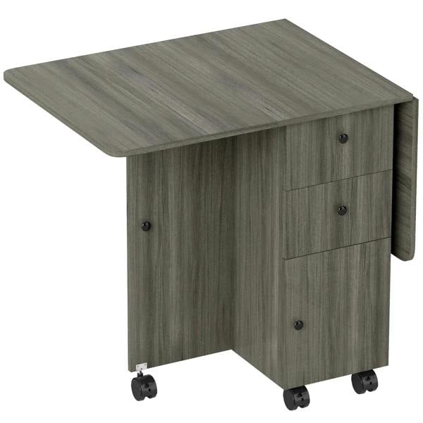 Grey drop-leaf dining table with storage drawers and casters
