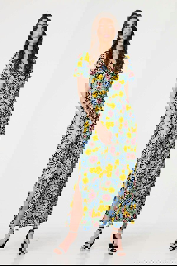 Yellow | Floral Puff Sleeve Cut Out Maxi Dress