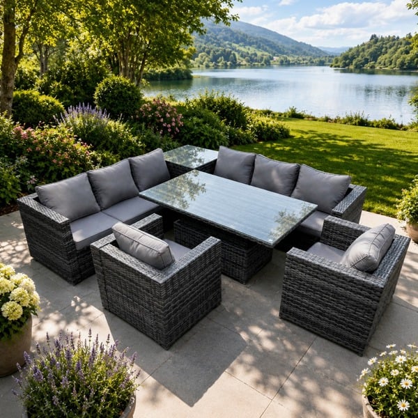 Fimous 8 Seater PE Rattan Corner Sofa Set with Rising Dining Table, Corner Side Table and 2 Arm Chairs