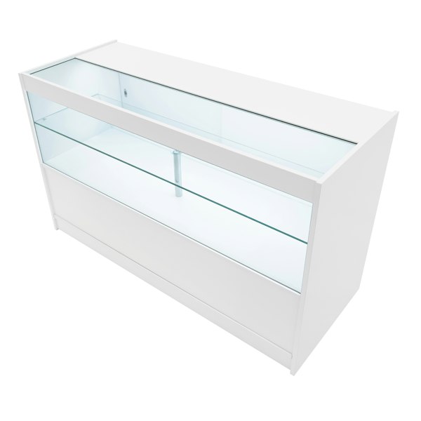 White LED retail shop counter C1500 with glass display shelves and a sleek, modern design, ideal for showcasing products