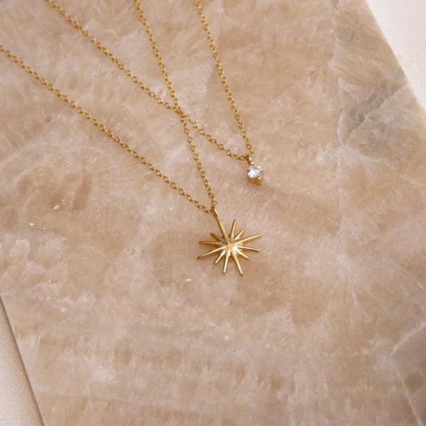 Elk & Bloom 14K Gold Double Star Diamanté Pendant Necklace