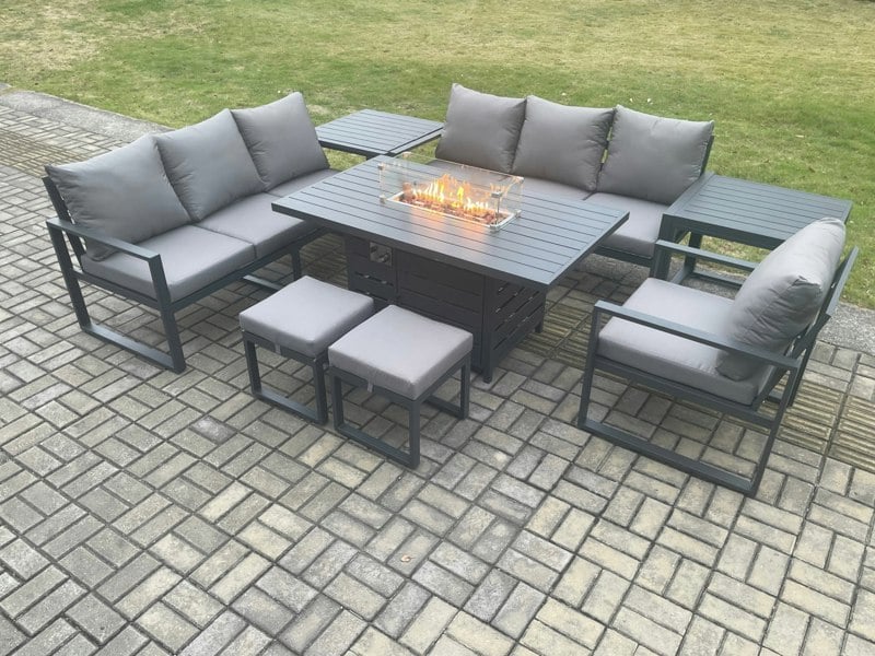 Fimous Aluminium 8 Pieces Garden Furniture Sofa Set with Cushions 9 Seater Gas Fire Pit Dining Table with 2 Side Tables 2 Small Footstools Dark Grey