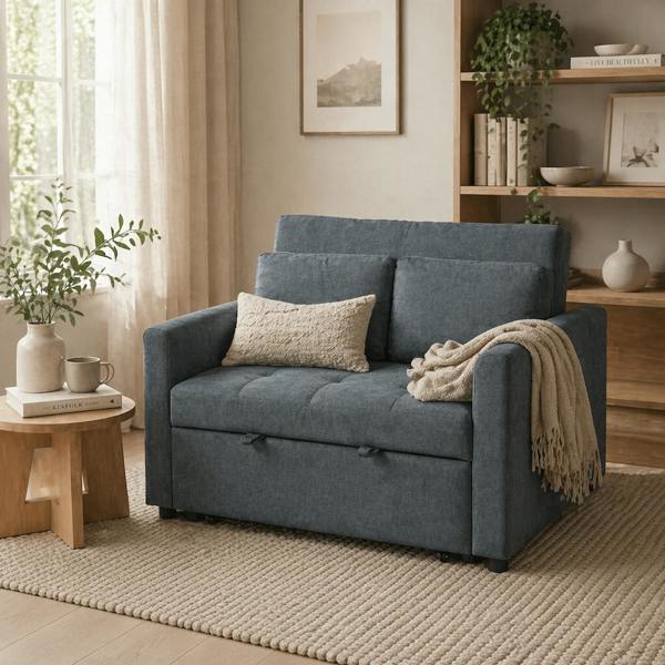 Wyld Haus Matano Maso Charcoal Grey 2 Seater Sofa Bed With Side Pockets And Cushions