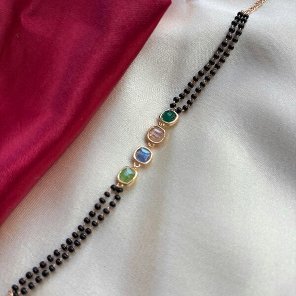 The Colourful Aura Minimalistic Black Beaded Multicolour Stone Slim Mangalsutra bracelet