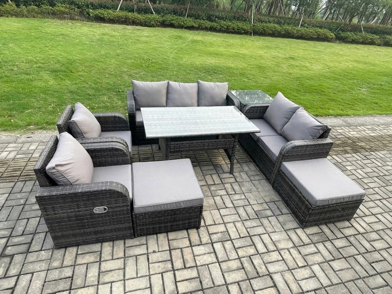 Fimous 9 Seater Garden Rattan Furniture Dining Table Sofa Set Indoor Outdoor with 2 Reclining Chairs Side Tables 2 Big Footstool Dark Grey Mixed