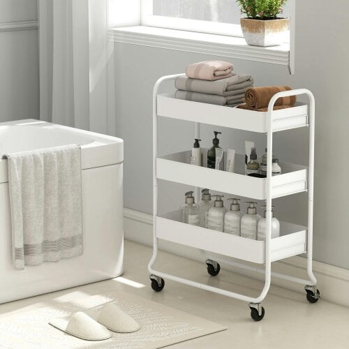 Wyld Haus Saseta Sosa Metal White 3 Tier Rolling Utility Trolley With Mesh Baskets