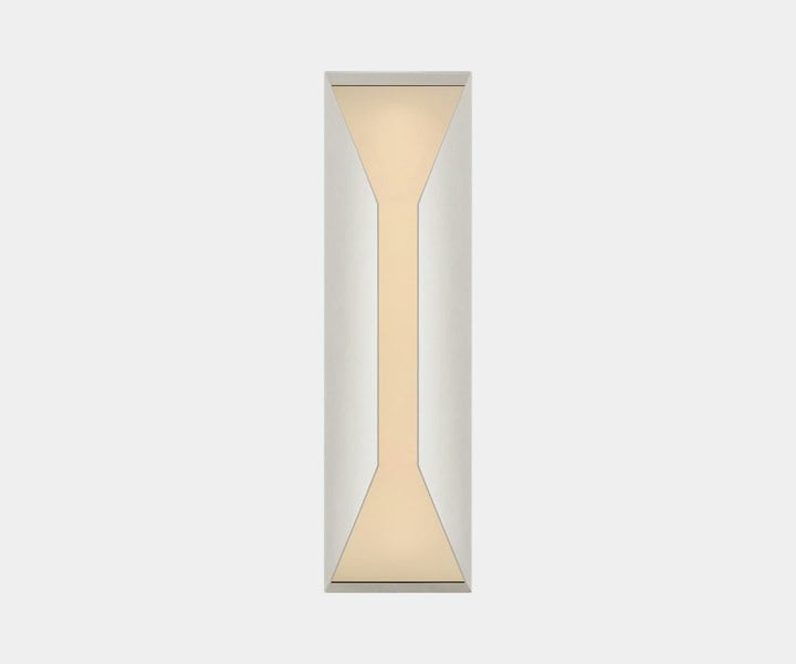 Wet rated Stretto Medium Sconce for outdoor use. Luxury modern sconce perfect for patio lighting, available in burnished brass.