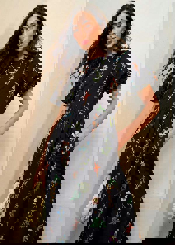 Gini London Navy Cotton Floral Print Puff Ball Midi Dress