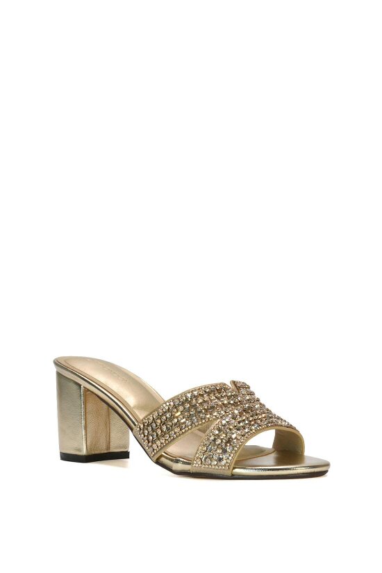 XY LONDON Sparkly Diamante Strappy Mid Block Heeled Sandal Mules