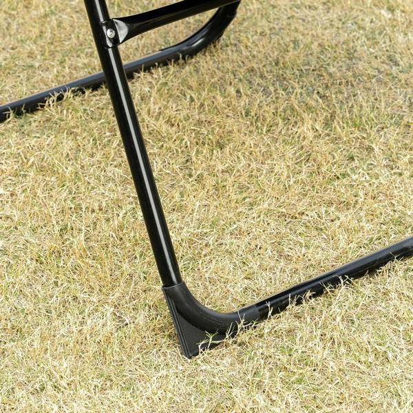Black folding recliner patio chair close-up of steel leg frame and foot base