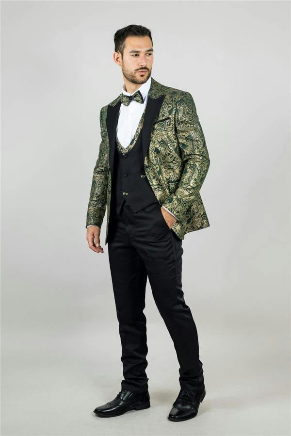 Infinity Leather Men's 4 Piece Green Paisley Wedding Suit Tailor Fit