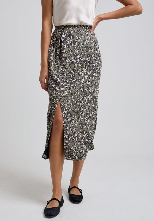 Grace Khaki Cat Midi Skirt in Green