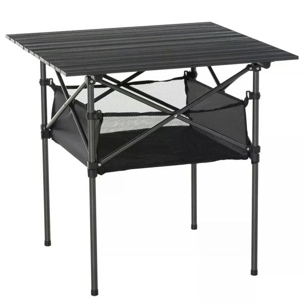 Black folding camping table with mesh storage shelf and carrying bag, raised legs.